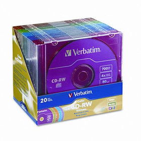 CD-RW Discs, 700MB/80min, 4X, Slim Jewel Case, Assorted Colors, 20/Packverbatim 