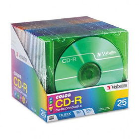 CD-R Discs, 700MB/80min, 52x, Slim Jewel Cases, Assorted Colors, 25/Packverbatim 