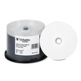 Inkjet Printable DVD+R Discs, 4.7GB, 16x, Spindle, White, 50/Packverbatim 