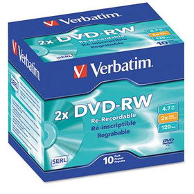 DVD-RW Discs, 4.7GB, 2x, w/Slim Jewel Cases, Silver, 10/Packverbatim 