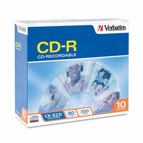 CD-R Discs, 700MB/80min, 52x, w/Slim Jewel Cases, Silver, 10/Packverbatim 