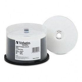 Inkjet Printable DVD-R Discs, 4.7GB, 8x, Spindle, White, 50/Packverbatim 