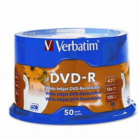 Inkjet Printable DVD-R Discs, 4.7GB, 16x, Spindle, White, 50/Packverbatim 