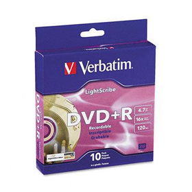 Light Scribe DVD+R Discs, 4.7GB, 16x, Spindle, Gold, 10/Packverbatim 