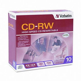 CD-RW Discs, 700MB/80min, 12x, w/Slim Jewel Cases, Silver, 10/Packverbatim 