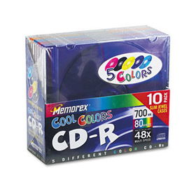 CD-R Discs, 700MB/80min, 52x, Slim Jewel Cases, Cool Colors, 10/Pkmemorex 