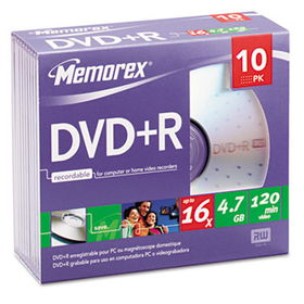 DVD+R Discs, 4.7GB, 16x, w/Slim Jewel Cases, Silver, 10/Packmemorex 