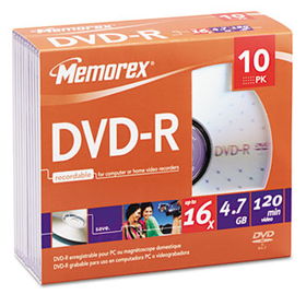 DVD-R Discs, 4.7GB, 16x, w/Slim Jewel Case, Silver, 10/Packmemorex 