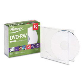 DVD-RW Discs, 4.7GB, 4x, w/Slim Jewel Cases, Silver, 10/Packmemorex 