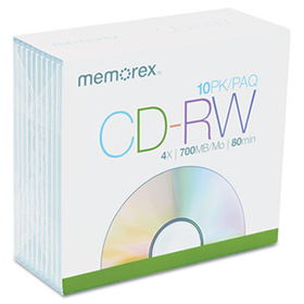 CD-RW Discs, 700MB/80min, 4x, w/Slim Jewel Cases, Silver, 10/Packmemorex 