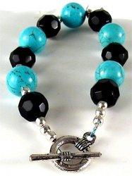 Round Turquoise Bracelet with faceted Onyx Beads, .925 Silver spacersround 