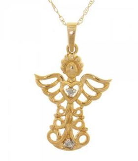 Dangling Gold Angel Heart Pendant Necklace w/ Diamonddangling 