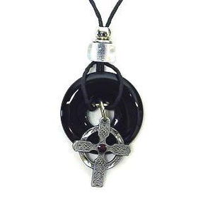 Onyx and Diamond Cut Pewter Necklace - Celtic Crossonyx 