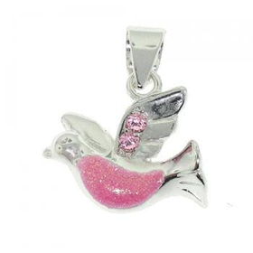 Silver Dangle Dove Pendant Enamel & Pink CZ Accentssilver 