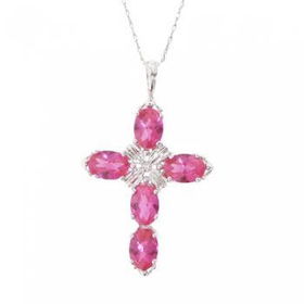 White Gold Cross Pendant Necklace Pink Topaz & Diamondwhite 