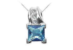 Blue Topaz and Diamond Pendant : 14K White Gold - 1.35 CT TGWblue 