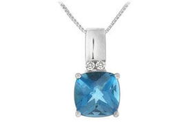 Blue Topaz and Diamond Pendant : 14K White Gold - 3.10 CT TGWblue 