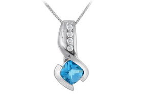 Blue Topaz and Diamond Pendant : 14K White Gold - 1.50 CT TGWblue 