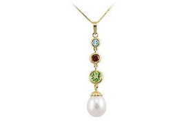 Cultured Pearl and Multicolor Gemstone Pendant : 14K Yellow Gold - 1.00 CT TGWcultured 