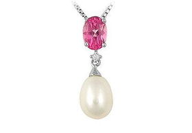 Cultured Pearl and Pink Topaz Pendant : 14K White Gold - 0.51 CT TGWcultured 