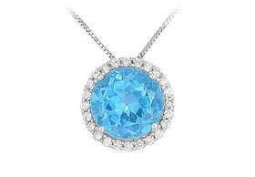 Blue Topaz and Diamond Pendant : 14K White Gold - 4.25 CT TGWblue 