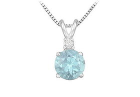 Diamond and Aquamarine Solitaire Pendant : 14K White Gold - 1.00 CT TGWdiamond 