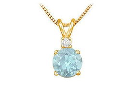 Diamond and Aquamarine Solitaire Pendant : 14K Yellow Gold - 1.00 CT TGWdiamond 