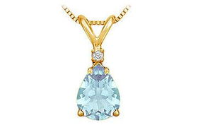 Diamond and Aquamarine Solitaire Pendant : 14K Yellow Gold - 1.00 CT TGWdiamond 