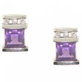 14KT Solid White Gold Stud Earrings Amethyst & Diamondsolid 