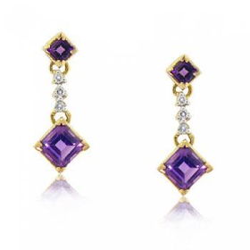 Yellow Gold Dangling Stud Earrings Amethyst & Diamondyellow 