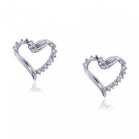 New White Gold Heart Stud Earrings w Diamonds Post Backwhite 