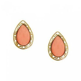 Solid 14KT Gold Greek Key Stud Earrings Pear Pink Jadesolid 