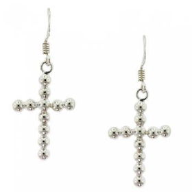 Solid Sterling Silver Bead Cross Dangle Earringssolid 