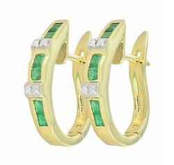 10k Yellow Gold Green Emerald Hoop Diamond Earringsyellow 