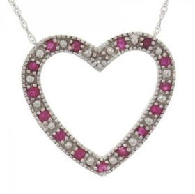 White Gold Heart Pendant w/ Chain 1/4cttw Ruby Diamondwhite 