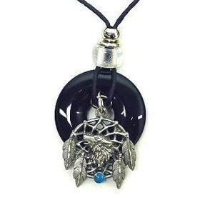 Onyx and Diamond Cut Pewter Necklace -  Wolf Dream Catcheronyx 