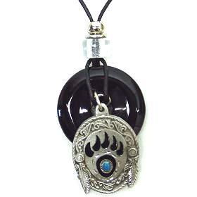 Onyx and Diamond Cut Pewter Necklace - Bear Pawonyx 