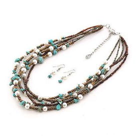 Ladies Pearl, Turquoise, Copper Bead Necklace Set Case Pack 3ladies 