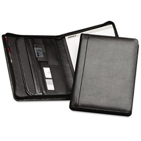 Leather Zipper Padfolio w/Writing Pad, Organizer Slots, Black