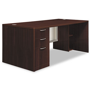 Attune Left Pedestal Desk, Frosted Modesty Panel, 72w x 36d x 29-1/2h, Mahogany