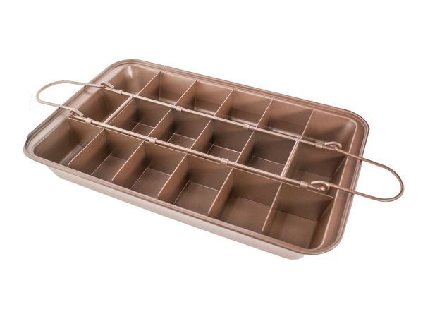 Brownie Nonstick Pan with Dividers -Nonstick Copper Baking Tray - All Edge & Corner Brownie Pan for Uniform Slices - 18 Precut Brownies - Even Heating, Dishwasher Safe - 12x8 Inch with Handlesperfect 