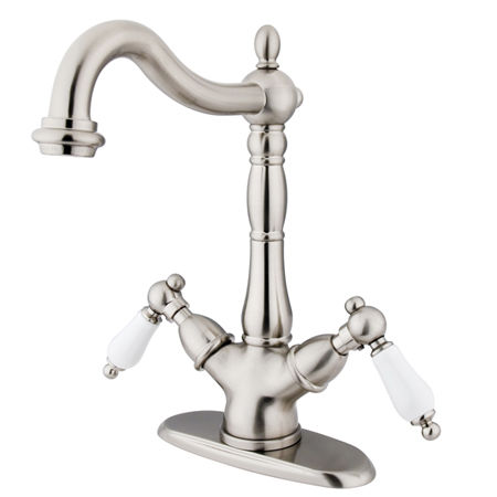 Kingston Brass Two Cross Handles Mono Deck Mount Bar Faucet KS1498PL, Satin Nickelkingston 