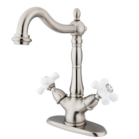 Kingston Brass Two Cross Handles Mono Deck Mount Bar Faucet KS1498PX, Satin Nickelkingston 