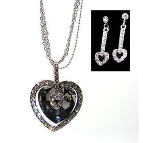 Crystal Heart Neck and Ear Set | Black Case Pack 1crystal 