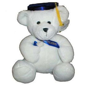 10" White Graduation Bear Blue Cap/Sash Case Pack 24white 