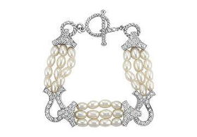 Cultured Pearl and Cubic Zirconia Sterling Silver Braceletcultured 