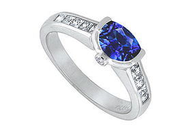 Blue Sapphire and Diamond Engagement Ring : 14K White Gold  1.50 CT TGW - Ring Size 9.0blue 