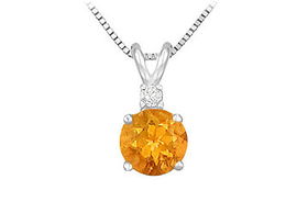 Diamond and Citrine Solitaire Pendant : 14K White Gold - 1.00 CT TGWdiamond 