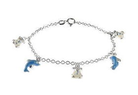 Enamel Dolphin and Teddy Bear Charm Sterling Silver Braceletenamel 