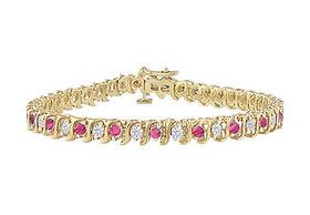 Pink Sapphire and Diamond S Tennis Bracelet : 14K Yellow Gold  3.00 CT TGWpink 